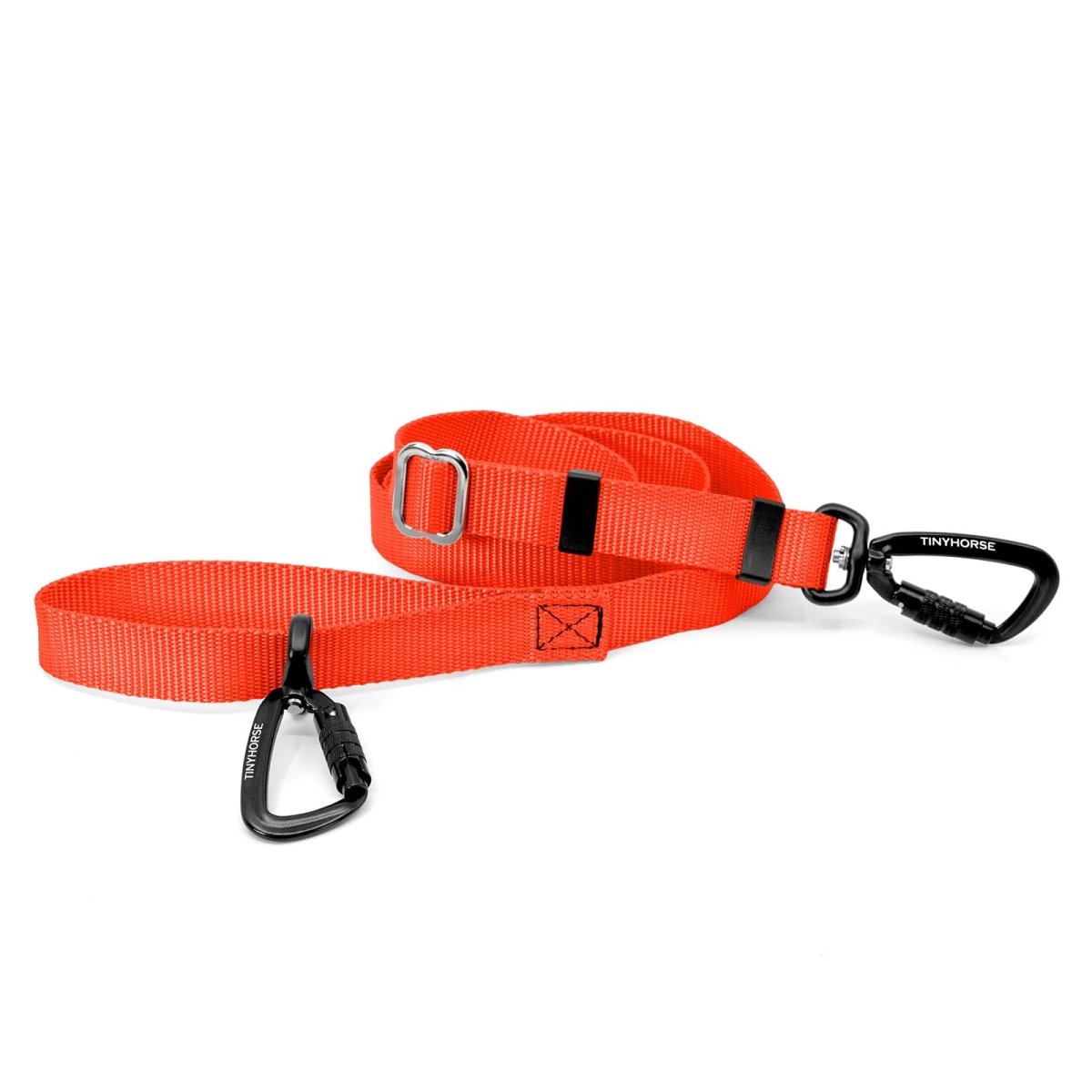 A neon orange-coloured Lead-All Lite Extra with an adjustable nylon webbing leash and 2 auto-locking carabiners