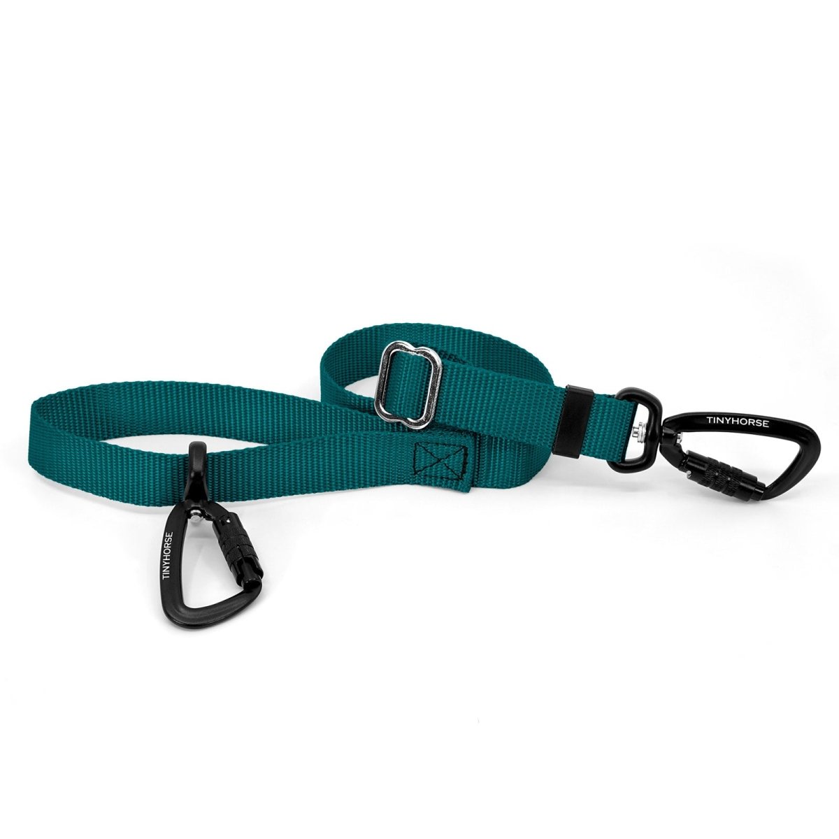 A teal-coloured Lead-All Lite with an adjustable nylon webbing leash and 2 auto-locking carabiners