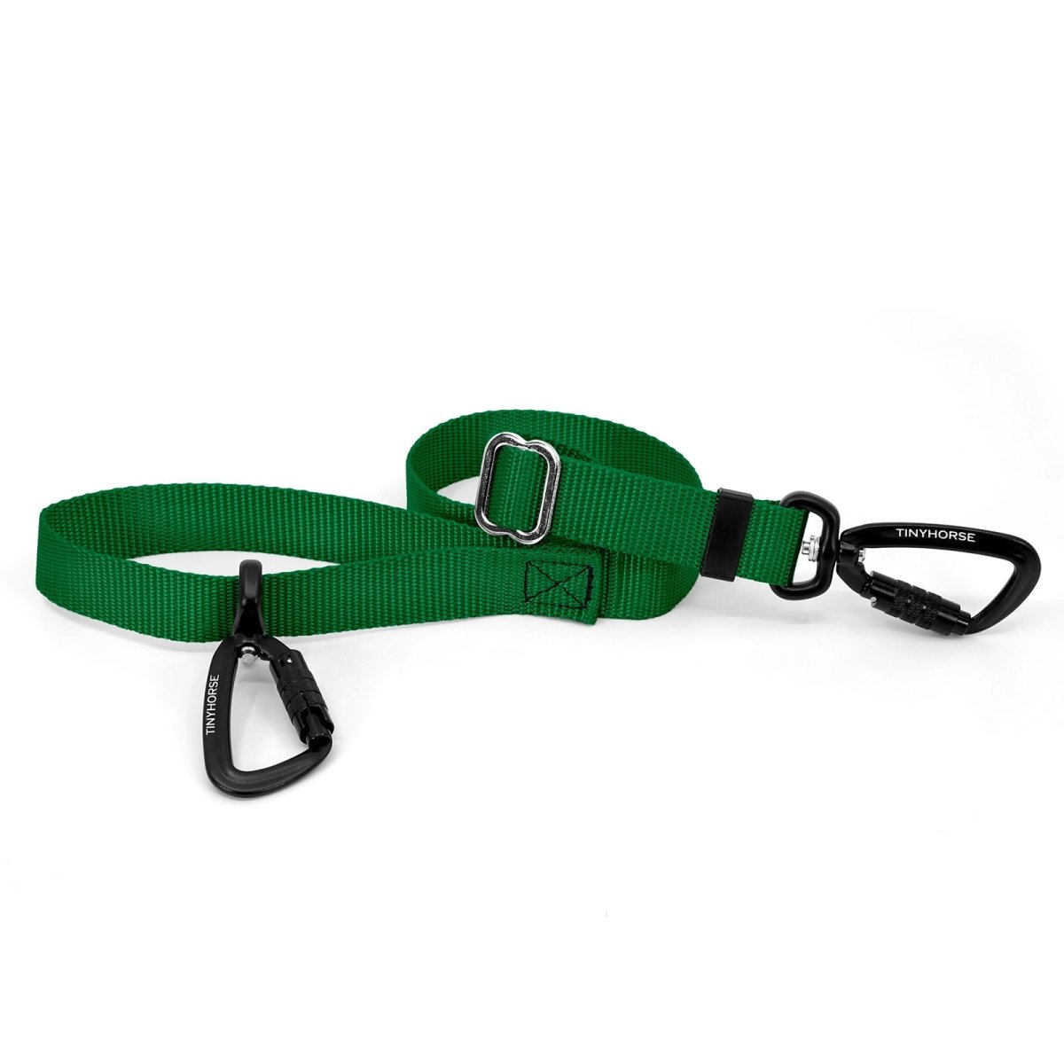 A green-coloured Lead-All Lite with an adjustable nylon webbing leash and 2 auto-locking carabiners