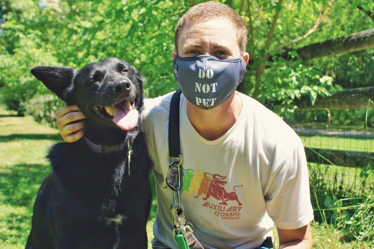 Man wearing "DO NOT PET" Face Mask and Lead-All on torso while posed next to dog