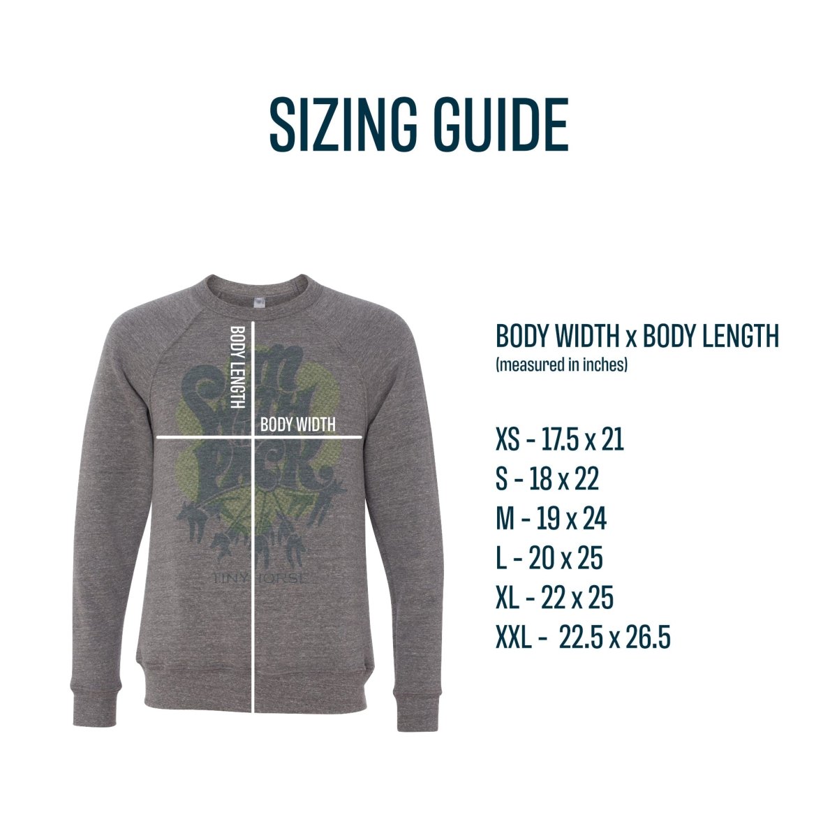 Sizing guide for the fleece-lined "I'm with the Pack" Sweatshirt