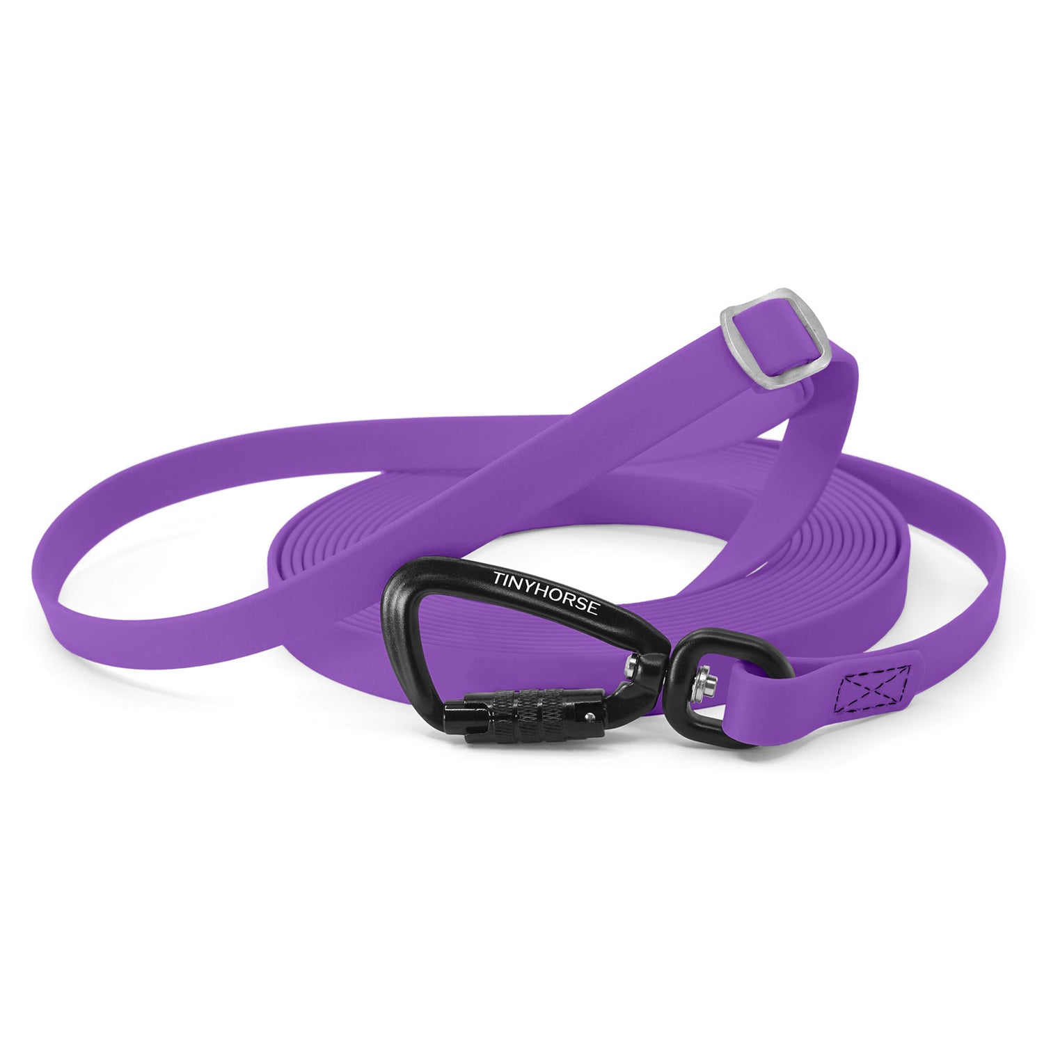 A lilac long line for dog training featuring a black auto-locking carabiner with TINYHORSE laser-engraved in white, and with a steel adjustable slide on the handle.