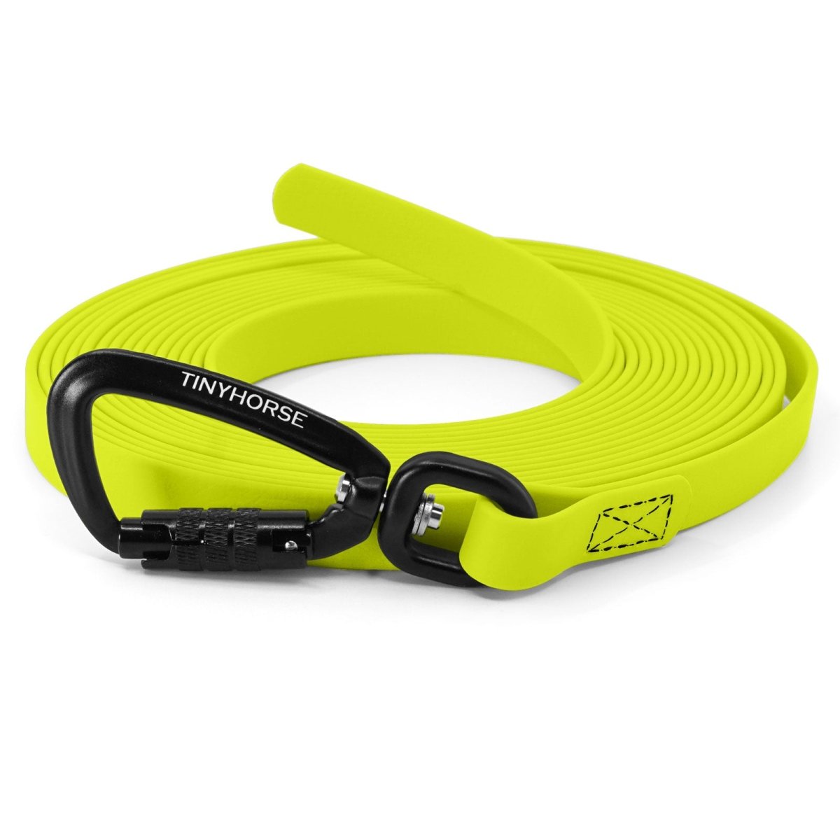 A neon yellow, handle-less long line with an auto-locking carabiner