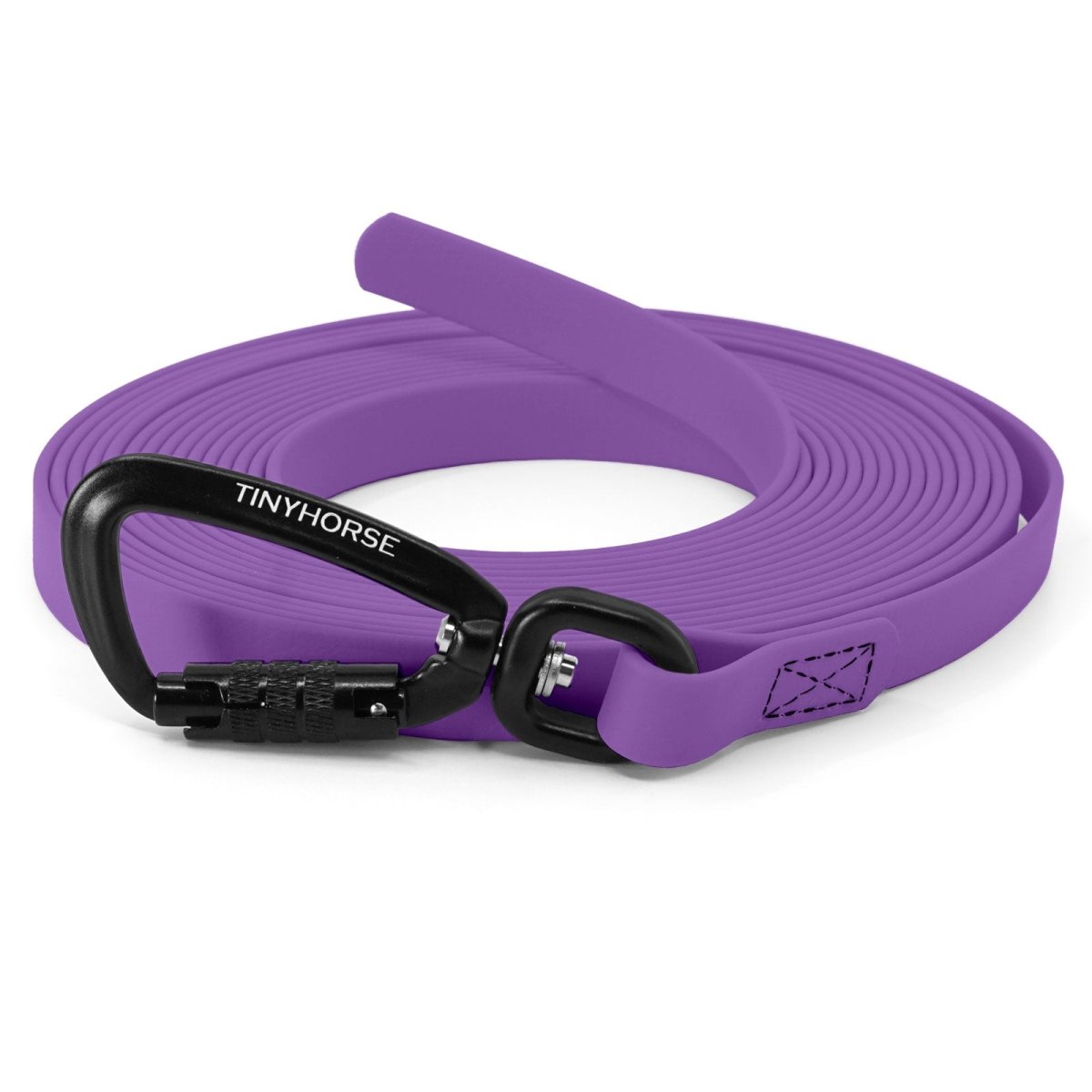 A lilac, handle-less long line with an auto-locking carabiner
