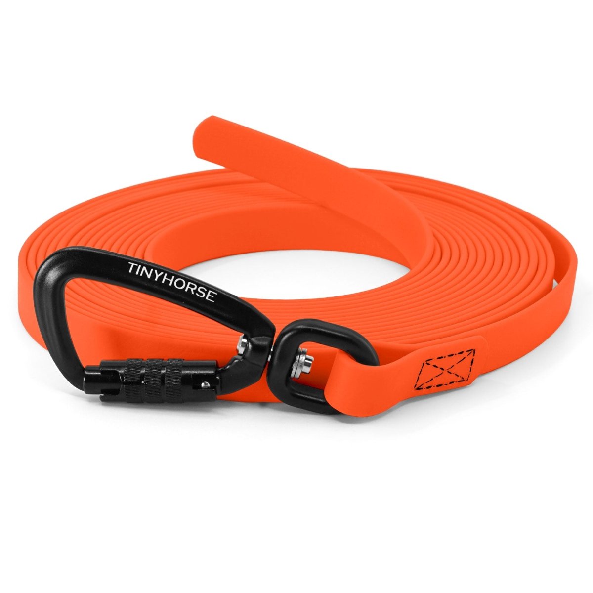 A neon orange, handle-less long line with an auto-locking carabiner
