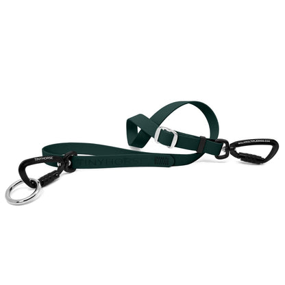 Lead-All Pro - Dark green-coloured adjustable dog leash made of biothane. There are black auto-locking carabiner clips on either end, so you can walk multiple dogs. TinyHorse is stamped onto the leash handle