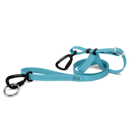 Lead-All Pro Extra - baby blue-coloured adjustable dog leash made of biothane. There are black auto-locking carabiner clips on either end. TinyHorse is stamped onto the leash handle