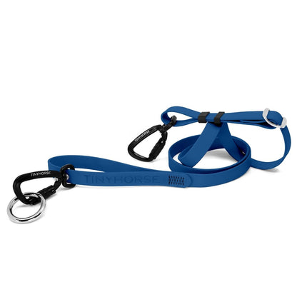 Lead-All Pro Extra - Bay blue or sky blue-coloured adjustable dog leash made of biothane. There are black auto-locking carabiner clips on either end. TinyHorse is stamped onto the leash handle