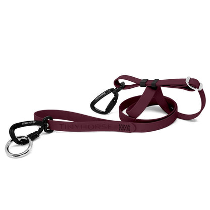 Lead-All Pro Extra - Wine or burgundy-coloured adjustable dog leash made of biothane. There are black auto-locking carabiner clips on either end. TinyHorse is stamped onto the leash handle