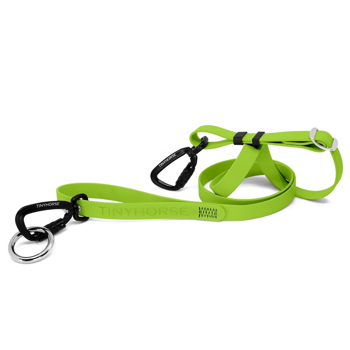 Lead-All Pro Extra - Keylime Green-coloured adjustable dog leash made of biothane. There are black auto-locking carabiner clips on either end. TinyHorse is stamped onto the leash handle