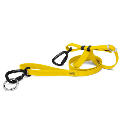 Lead-All Pro Extra - Canary Yellow-coloured adjustable dog leash made of biothane. There are black auto-locking carabiner clips on either end. TinyHorse is stamped onto the leash handle