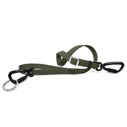 Lead-All Pro - Olive-coloured adjustable dog leash made of biothane. There are black auto-locking carabiner clips on either end, so you can walk multiple dogs. TinyHorse is stamped onto the leash handle