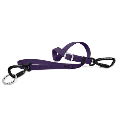 Lead-All Pro - grape-coloured adjustable dog leash made of biothane. There are black auto-locking carabiner clips on either end, so you can walk multiple dogs. TinyHorse is stamped onto the leash handle