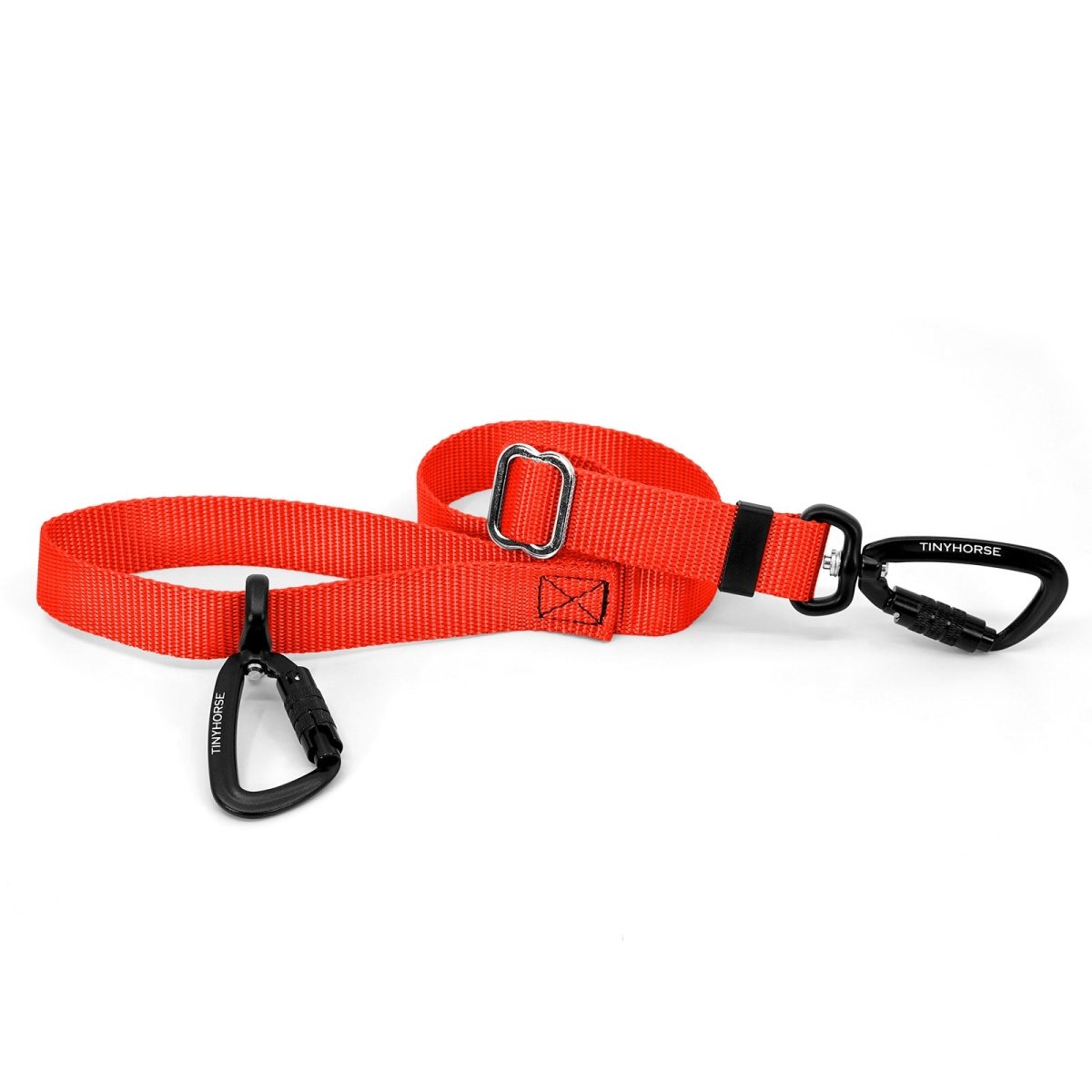A neon orange-coloured Lead-All Lite with an adjustable nylon webbing leash and 2 auto-locking carabiners