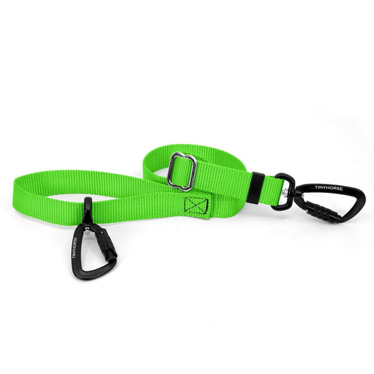 A neon green-coloured Lead-All Lite with an adjustable nylon webbing leash and 2 auto-locking carabiners