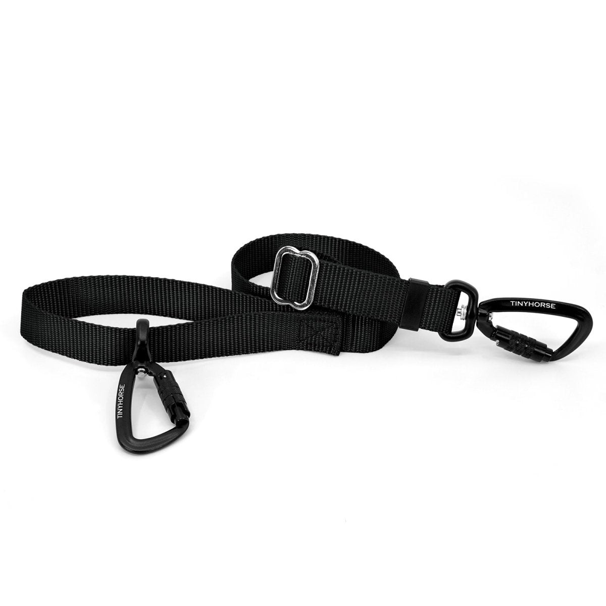 A black-coloured Lead-All Lite with an adjustable nylon webbing leash and 2 auto-locking carabiners