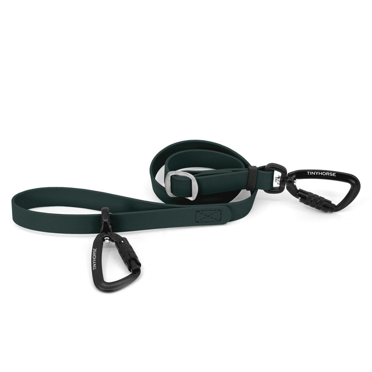An adjustable dark green-coloured Lead-All Pro made of BioThane with 2 auto-locking carabiners
