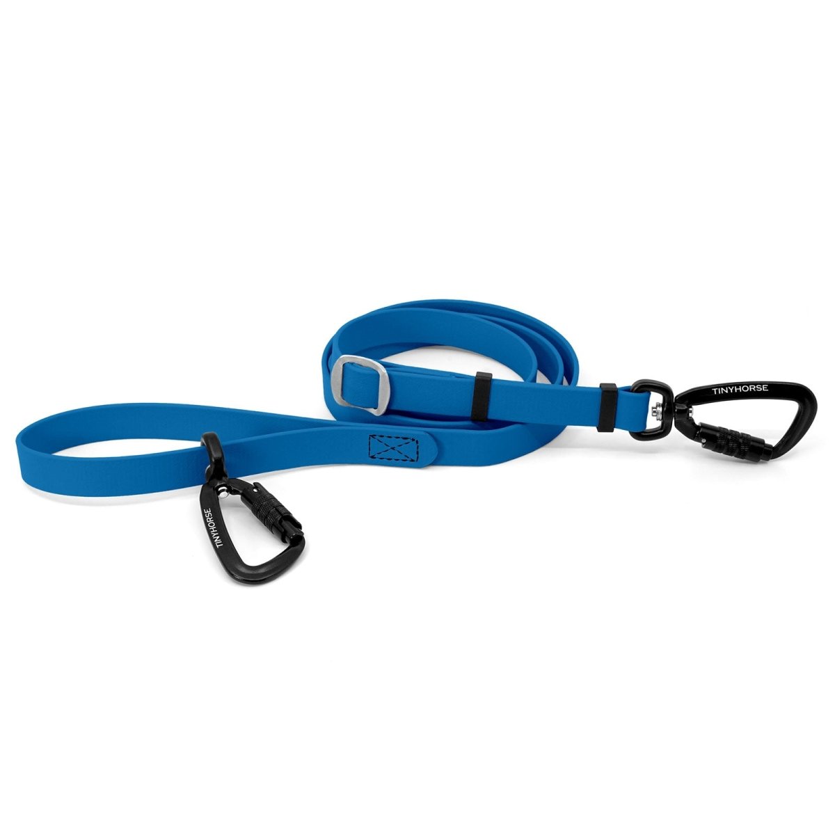 An adjustable bay blue-coloured Lead-All Pro Extra made of BioThane with 2 auto-locking carabiners