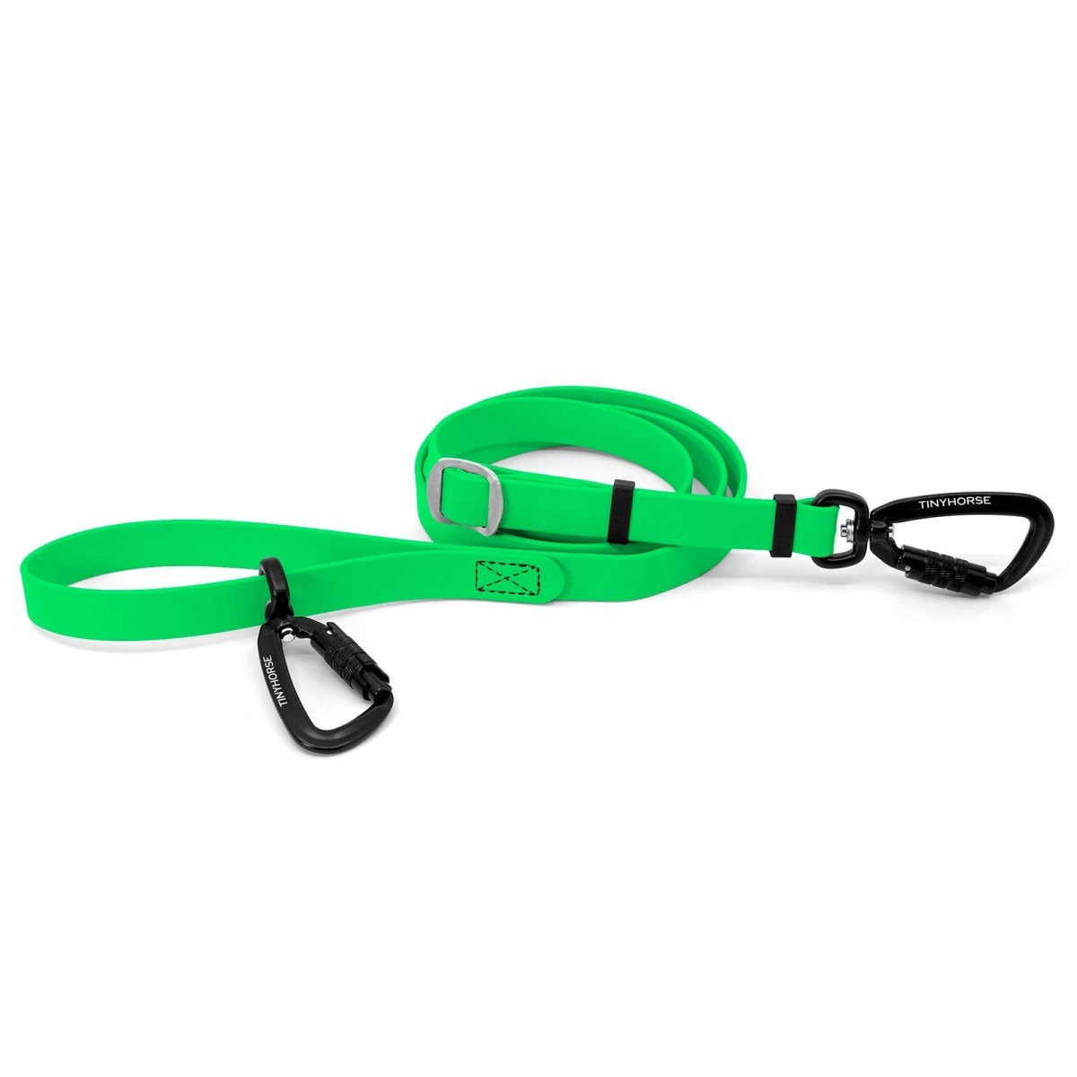 An adjustable neon green-coloured Lead-All Pro Extra made of BioThane with 2 auto-locking carabiners