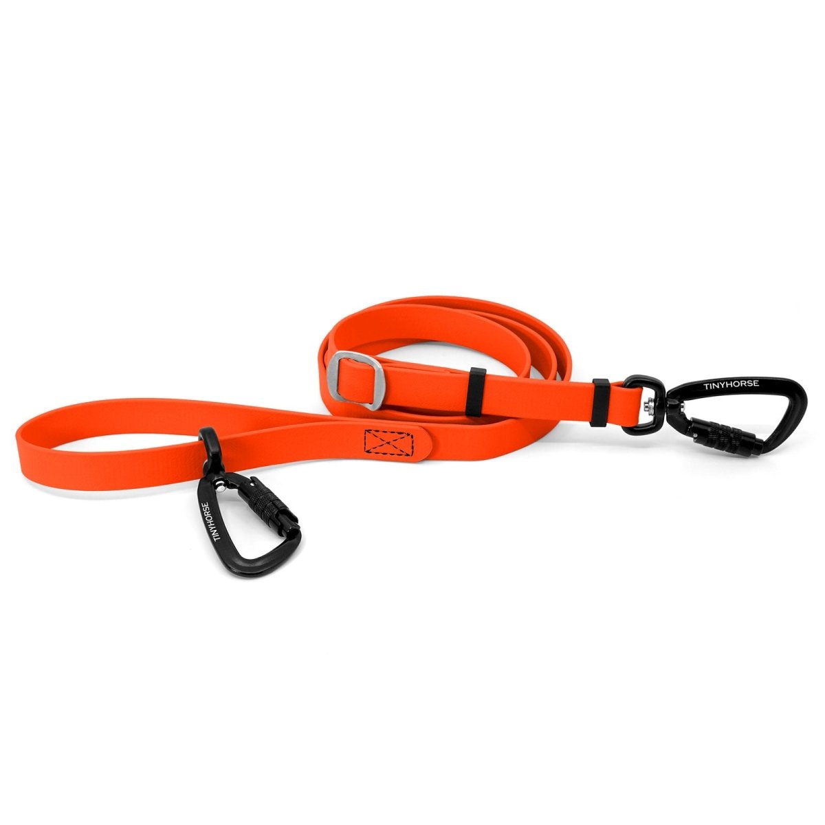 An adjustable neon orange-coloured Lead-All Pro Extra made of BioThane with 2 auto-locking carabiners