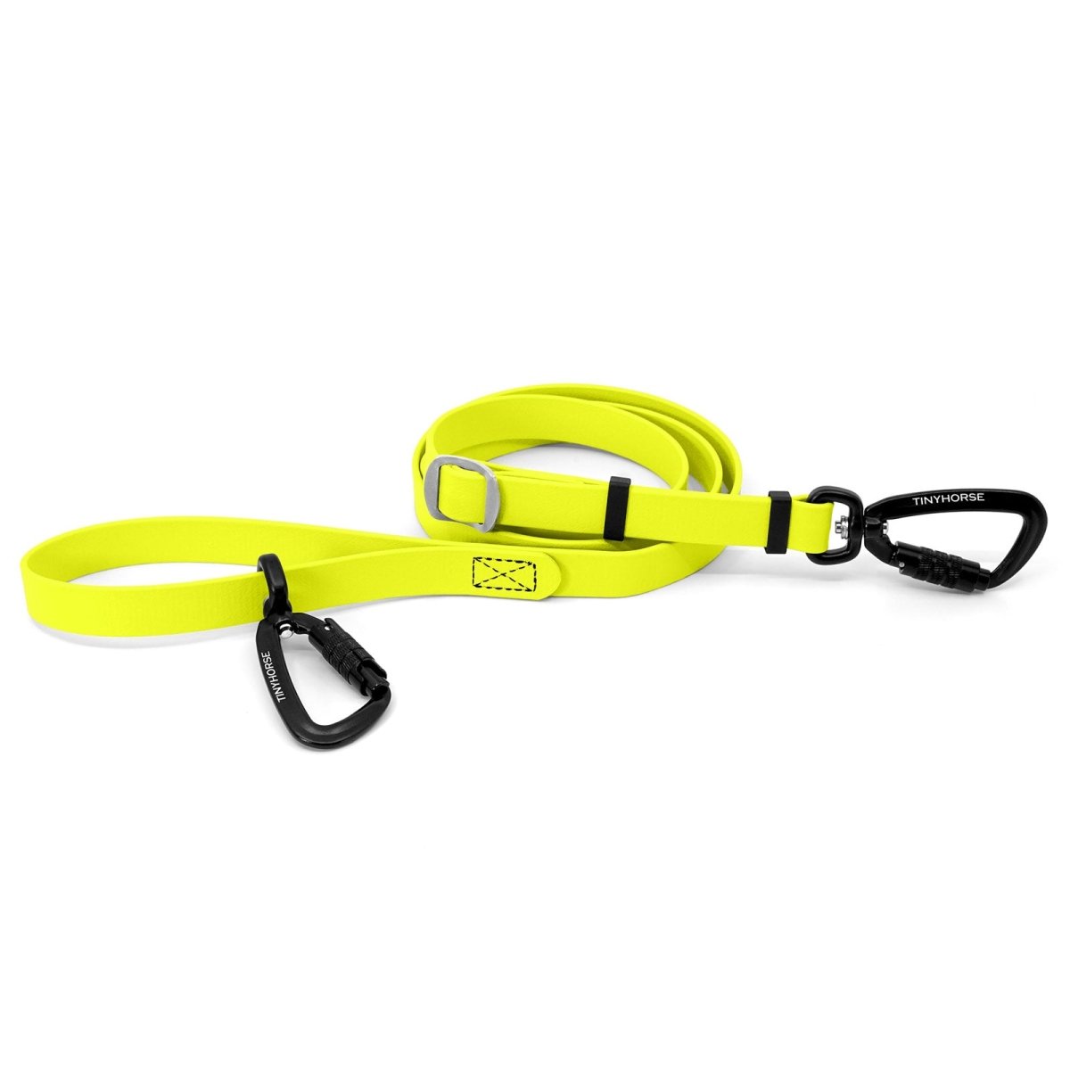 An adjustable neon yellow-coloured Lead-All Pro Extra made of BioThane with 2 auto-locking carabiners