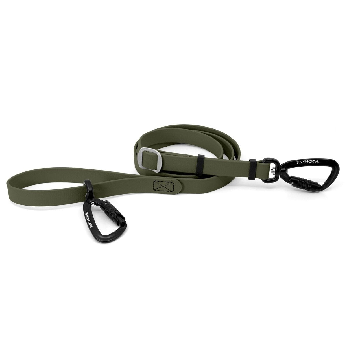 An adjustable olive-coloured Lead-All Pro Extra made of BioThane with 2 auto-locking carabiners