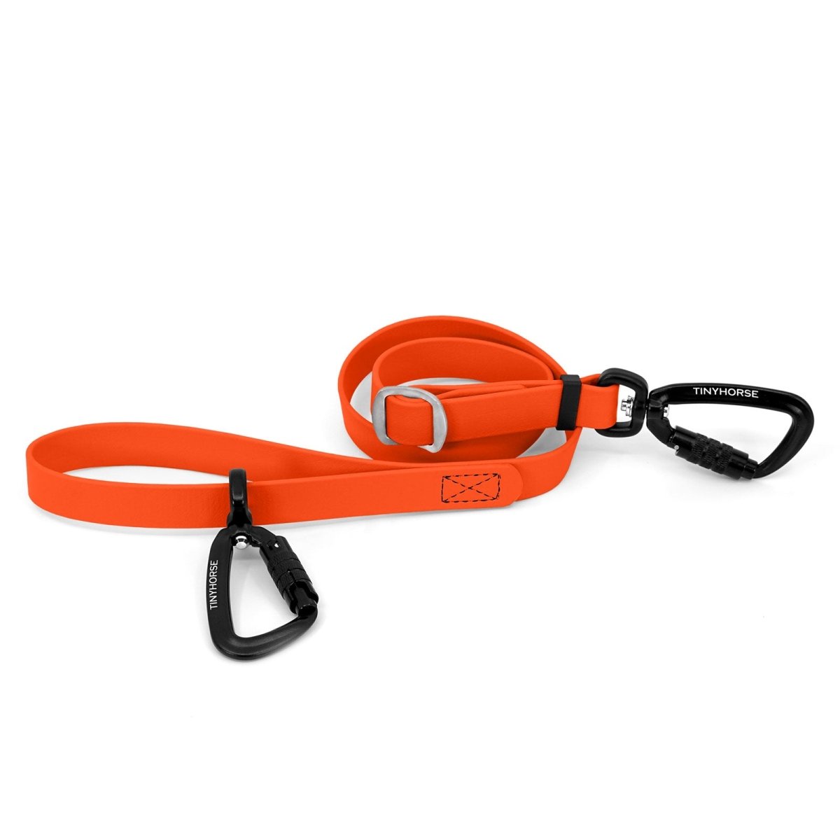 An adjustable neon orange-coloured Lead-All Pro made of BioThane with 2 auto-locking carabiners