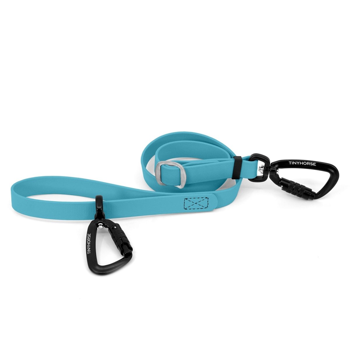 An adjustable baby blue-coloured Lead-All Pro made of BioThane with 2 auto-locking carabiners