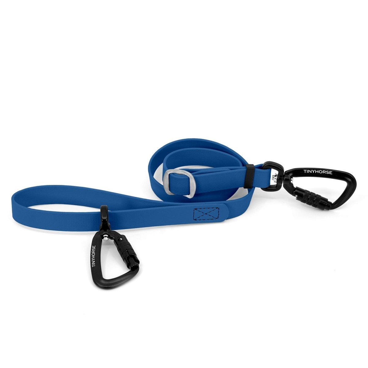 An adjustable bay blue-coloured Lead-All Pro made of BioThane with 2 auto-locking carabiners