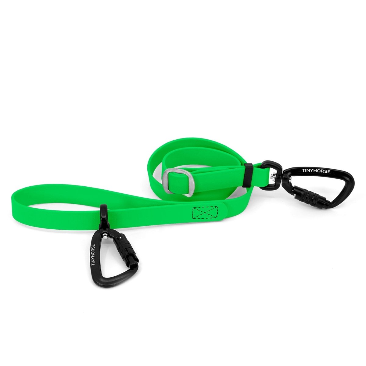 An adjustable neon green-coloured Lead-All Pro made of BioThane with 2 auto-locking carabiners