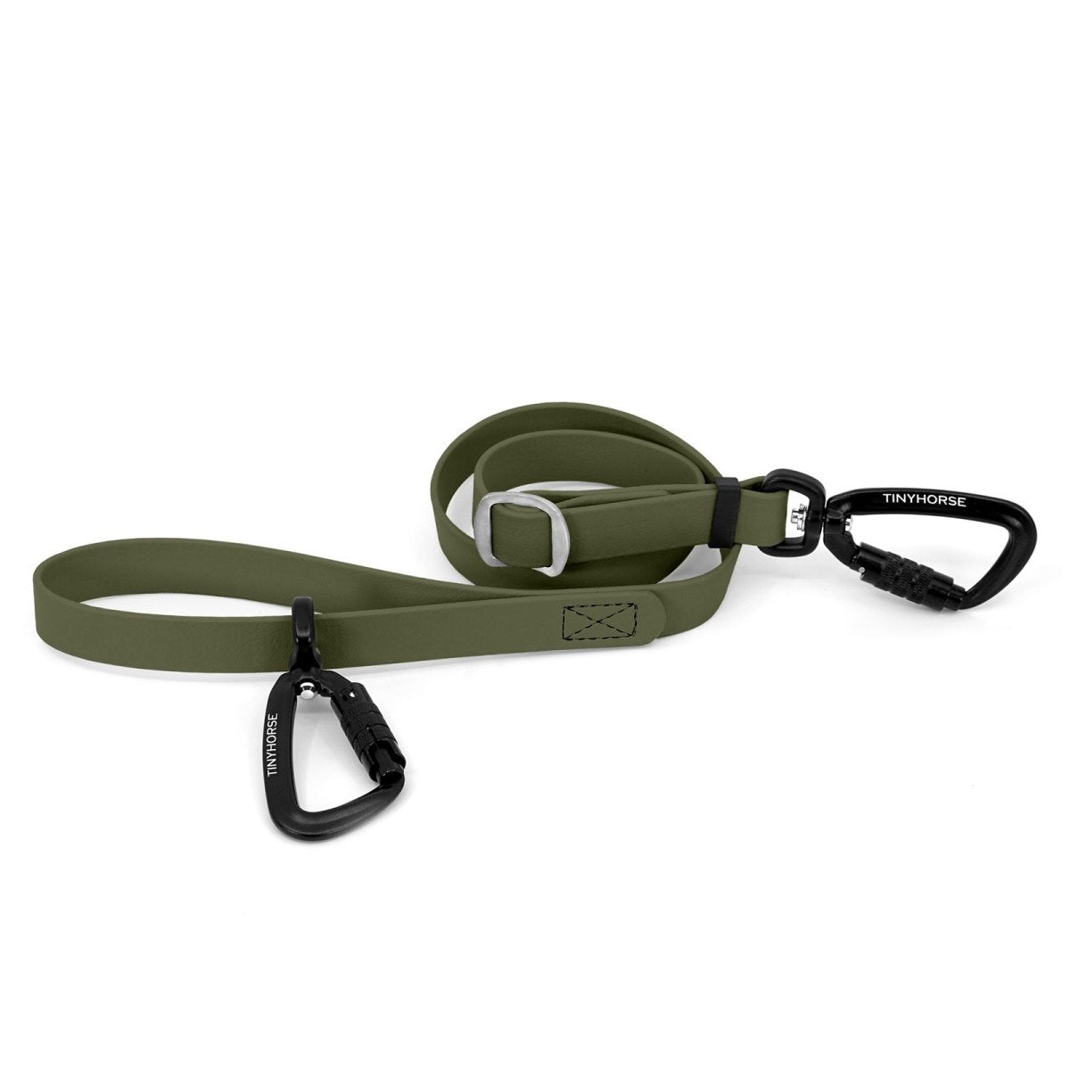 An adjustable olive-coloured Lead-All Pro made of BioThane with 2 auto-locking carabiners