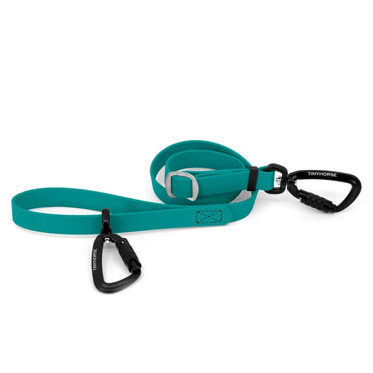 An adjustable teal-coloured Lead-All Pro made of BioThane with 2 auto-locking carabiners