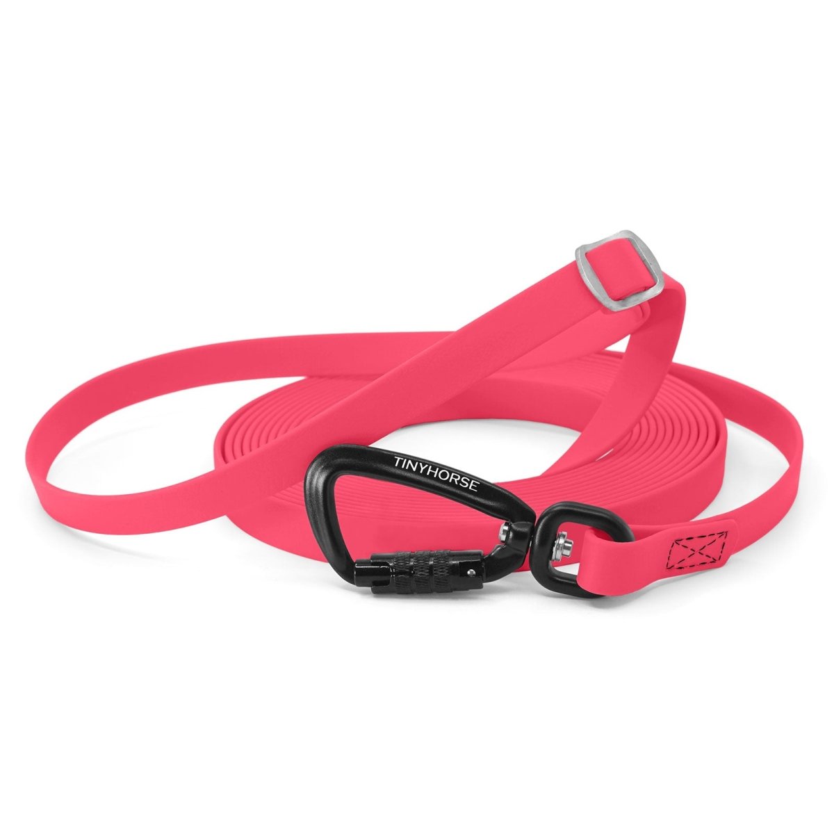 An adjustable neon pink-coloured Trainer made of BioThane and an auto-locking carabiner